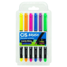 Caneta de uso artístico Brush Neon aquarelável CIS Estojo com 6 cores 00