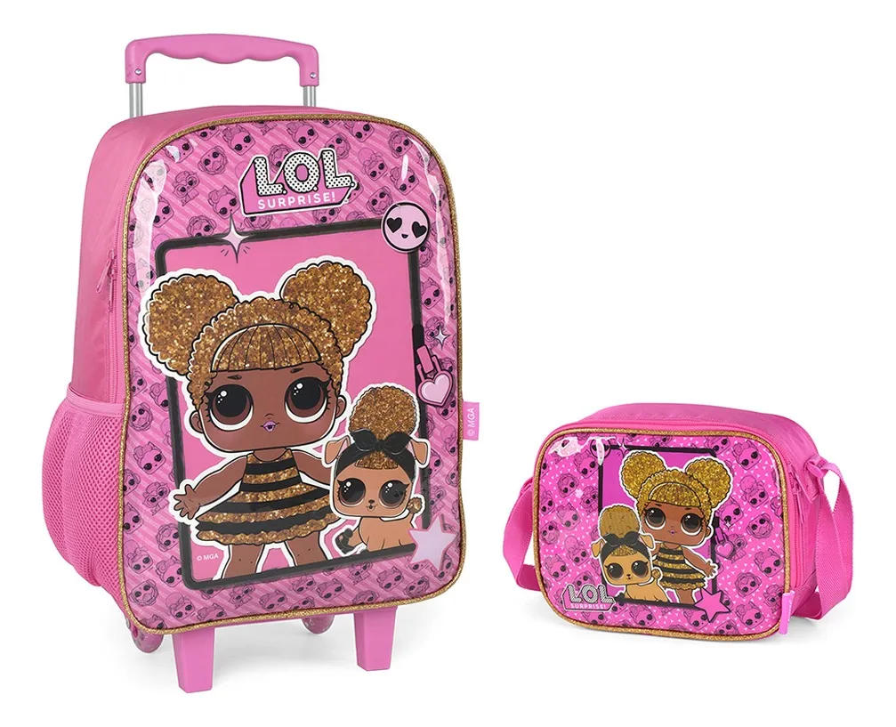 D_NQ_NP_2X_866037-MLU71478639443_092023-F MOCHILA C/ RODINHA + LANCHEIRA LOL ROSA MAXLOG - Imagem 1