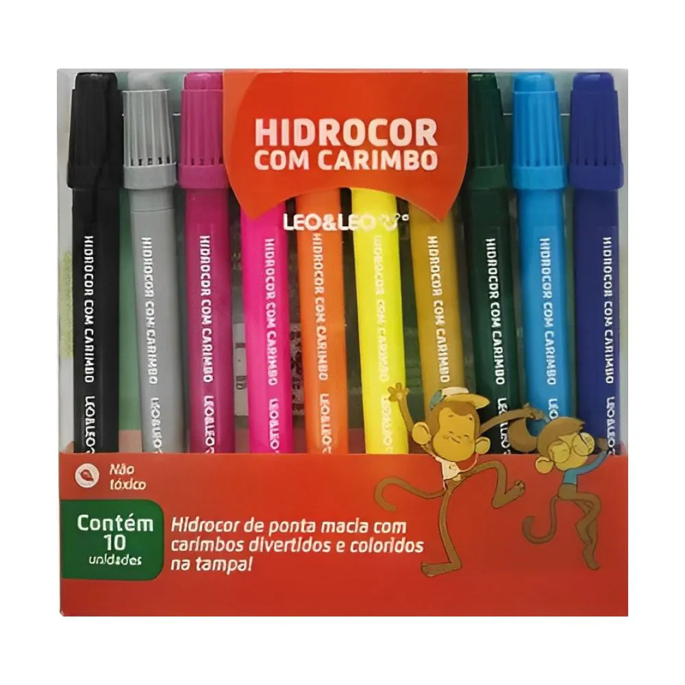 CANETA HIDROCOR 10 CORES C/ CARIMBO E ESTOJO LEO E LEO - Imagem 2